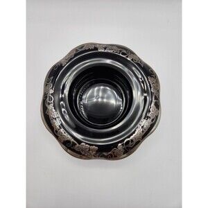 Vintage Black Glass Footed Bowl Trinket Dish With Sterling Silver Grape Leaves